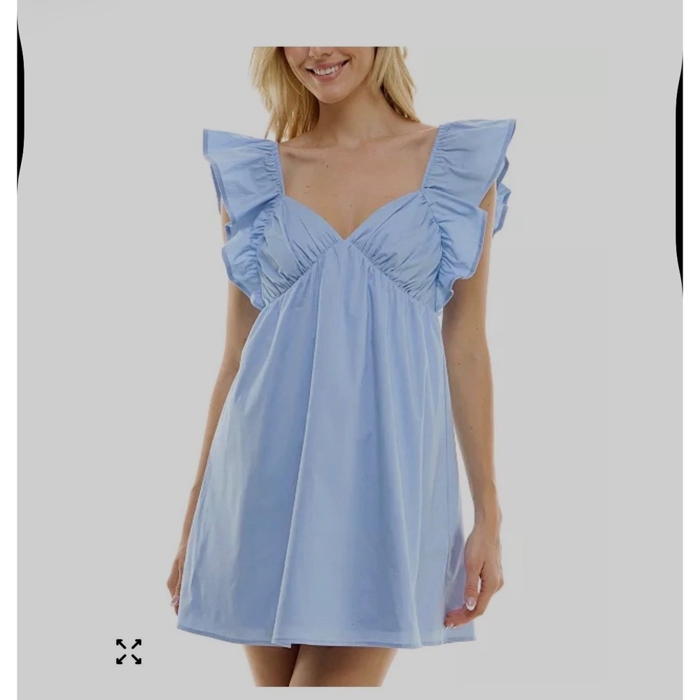 Light Blue Ruffle Sleeve Tie Back Babydoll Mini Dress Cotton Coquette Girl Anime